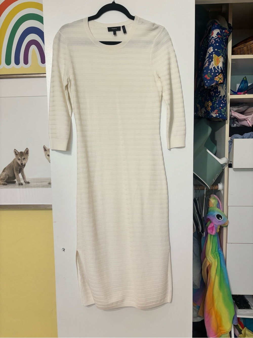 Theory Cream Ribbed Midi Knit Dress